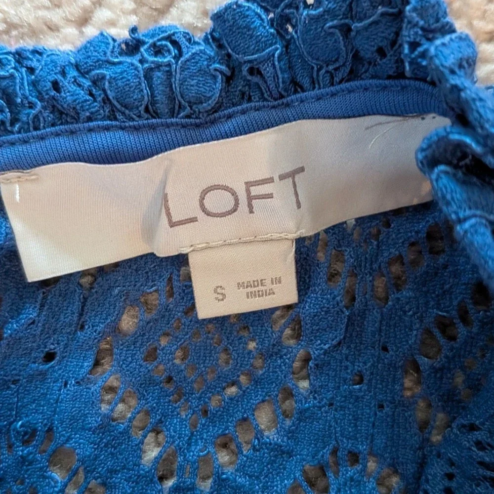 LOFT Royal Blue Geometric Lace Mock Neck Ruffle Trim Short Sleeve Blouse Small